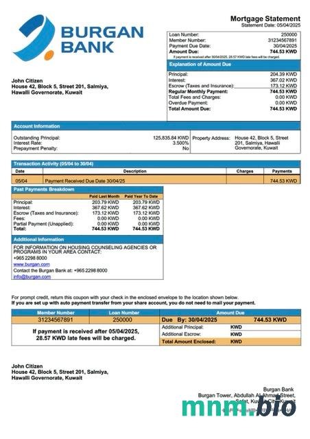Kuwejt Bank Burgan wyciąg z kredytu hipotecznego szablon Word i PDF